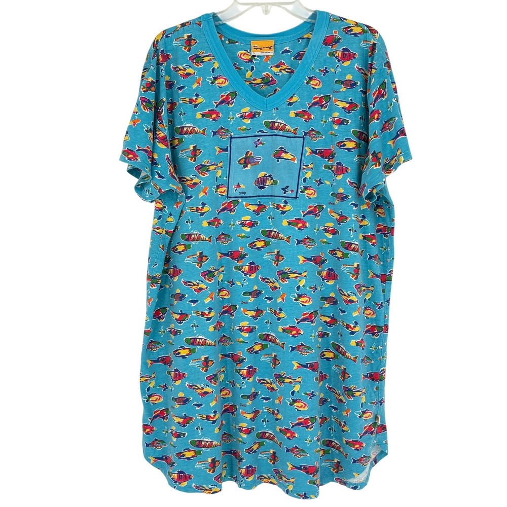 Vtg Ken Done Down Under Tropical Fish Print Shirt Dress Blue Art Wear XL Cotton